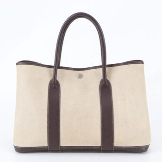 Herm&egrave;s Beige Brown Leather Canvas Shoulder Bag Tote Bag (Pre-Owned)