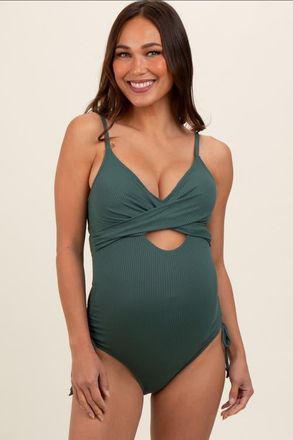 Pinkblush Ribbed Wrap Front Drawstring Side One-Piece Swimsuit in Olive Green at Nordstrom, Size Small