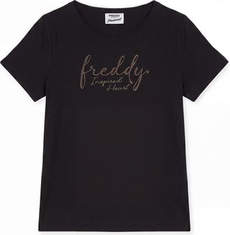 Freddy T-shirt donna girocollo con grafica dorata e fondo stondato