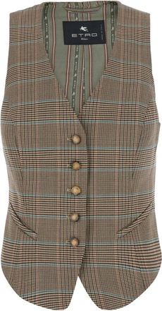 Etro Jassen, Dames, Beige, M, Wol, Enkelrijenig gilet van stretchwol met Prince of Wales-motief