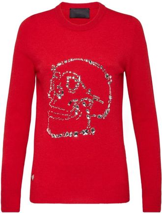 Philipp Plein Pullover Round Neck LS Look At Me Skull Crystal - Dames - Ronde hals truien - Rood - S - Wol - Truien & Vesten