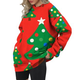 Generic Womens Christmas Jumpers Round Neck Christmas Cute Snowflake Print Pullover Novelty Long Sleeve Blouses Loose Comfy Pullover Xmas Party Outfits Tops F