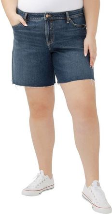 Silver Jeans Co Suki Curvy Raw Hem Mid Thigh Denim Shorts in Brooks at Nordstrom, Size 22W