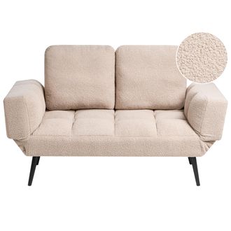 Beliani Sof&aacute; Cama 2 Plazas De Boucl&eacute; Reposabrazos Ajustables Estilo Minimalista Beige Brekke