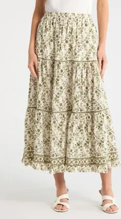 Max Studio Floral Wreath Print Tiered Cotton Blend Maxi Skirt in Cream/Green Floral at Nordstrom Rack, Size X-Small