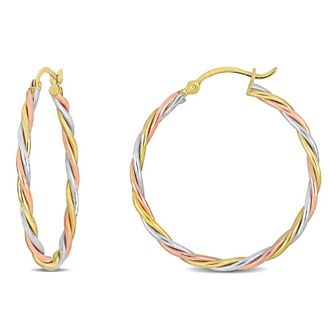 Amour Twisted Hoop Earrings In 3-Tone 10K White Yellow and Rose Gold