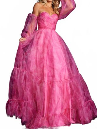 Jovani Print Long Sleeve A-Line Gown In Fuchsia