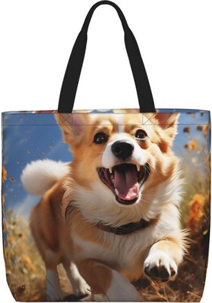 Generic Running Corgi Shopping Bag Large Capacity Carry Bag Lightweight Shoulder Bags For Picnic Casual Travel