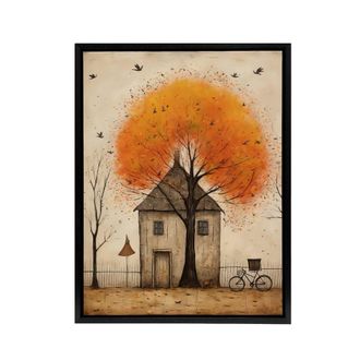 Artery8 Country House Rural Life in Autumn Framed Canvas Wall Art Print in Orange | Size: W24 x H32