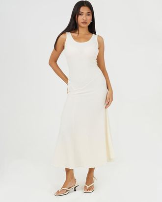 Brave Soul Vestito lungo color crema in jersey testurizzato con spalline sottili e pizzo-Bianco