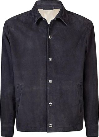 Eleventy Jassen, Heren, Blauw, XL, Su&egrave;de, Suede Overshirt Jas met Drukknoopjes