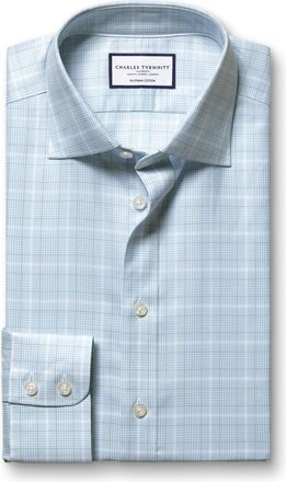 CHARLES TYRWHITT Luxury Prince Of Wales Checkered Cotton Formal Shirt - Sky Blue & Green Single Cuff Size 15.5/33 by Charles Tyrwhitt
