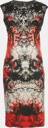 Roberto Cavalli Red/black Print Crepe Beaded Sleeveless Dress