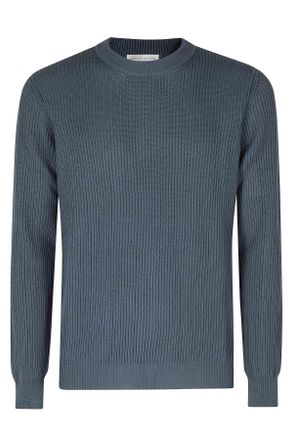 Roberto Collina Blue Ribbed Crew-Neck Merino Wool Sweater