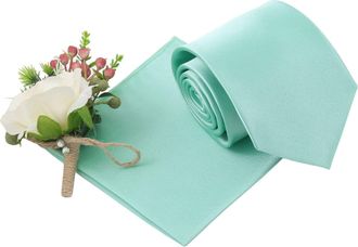 DQT Plain Glossy Satin Polyester Wedding Classic Neck Tie and Pocket Square Set for Men in Mint Green