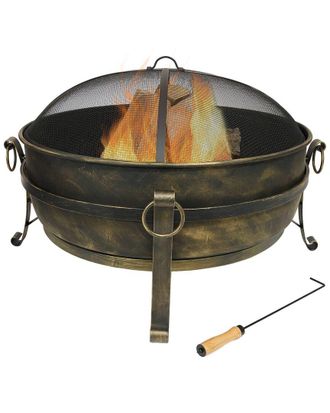 Sunnydaze 34In Fire Pit Steel Cauldron Design With Spark Screen And Fire Poker