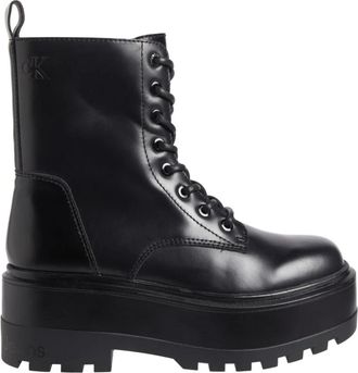 Calvin Klein Jeans Zwarte Veters Flatform Booties - Dames - Veterlaarzen - Zwart - 39 EU - Schoenen