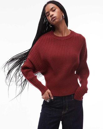 Arket Maglione in pura lana a coste stretto in vita con maniche ad ali di pipistrello color ruggine-Marrone