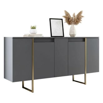 Dmora Aparador Betel, Buf&eacute; De Sal&oacute;n, Aparador De Sal&oacute;n, Despensa De Cocina, 160x35h80 Cm, Nogal Y Oro, Con Embalaje Reforzado - Dmora
