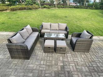 Fimous 9 Seater Dark Grey PE Rattan Garden Furniture Set Reclining Chair Lounge 3 Seater Sofa Set Coffee Table