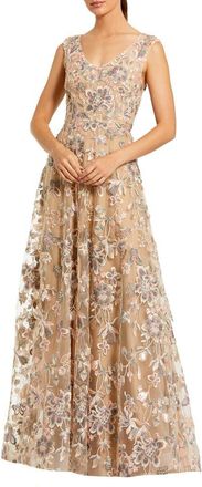 Mac Duggal Floral Embroidered Sleeveless V Neck Gown in Taupe at Nordstrom, Size 10