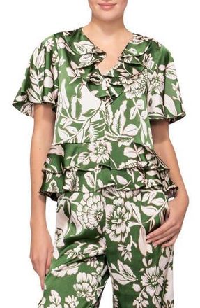 Melloday Short Sleeve Peplum Top in Green Floral at Nordstrom Rack, Size X-Large
