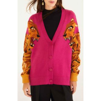 Farm Rio Intarsia Tiger Colorblock Cardigan in Bold Tiger at Nordstrom, Size Xx-Small