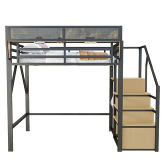 STILVORA Cama Alta Cama Doble Con Escalera De Seguridad Y Estante Modulable 140&times;200 Cm, Sin Colch&oacute;n, Negro
