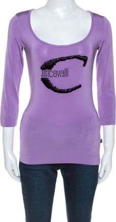 Roberto Cavalli Lilac Jersey Embellished Logo Scoop Neck Top