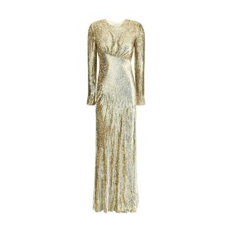 Self Portrait Gowns, female, Yellow, Size: 2XS Gold Thread Long Dress with Open Back