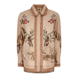 Farm Rio Farm Rio - Bird Poetry overhemd met kraag en knoopsluiting - Dames - Blouses & Shirts - Beige - Maat: S Katoen