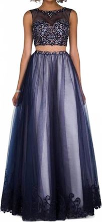 Alyce Paris Two Piece Embellished Tulle Prom Dress In Navy/blush