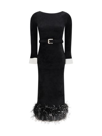 Self Portrait Feather-Trimmed Chenille Dress - Black