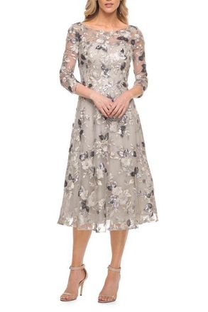 La Femme Tea Length Lace and Sequin Embellished Dress in Silver at Nordstrom, Size 16