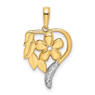 Diamond2Deal 14k Yellow Gold White Rhodium Diamond-cut Floral Heart Pendant