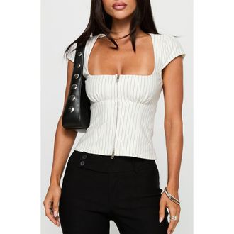 Princess Polly Santa Cruz Pinstripe Fitted Zip Top in White Pinstripe at Nordstrom, Size 10