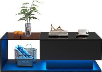 STILVORA Mesa De Centro Con 1 Caj&oacute;n Y Led Por App, Tablero De Vidrio Y Alto Brillo, De Tablero De Part&iacute;culas, 100&times;50&times;32 Cm, Negro