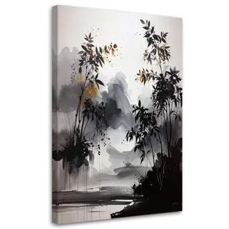 Feeby Cuadro En Lienzo, Abstracci&oacute;n De &Aacute;rboles Hojas Paisaje Blanco Y Negro, 80x120