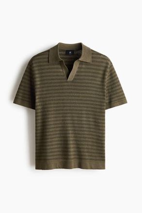 H&M Regular Fit Linen-blend Polo Shirt in Dark Khaki Green/striped at Nordstrom, Size Xx-Large