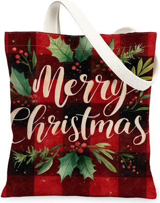 Generic Christmas Holly Canvas Tote Bags, Festive Floral Design Reusable Grocery Bags, Lightweight Washable Shoulder Strap Canvas for Holiday Shopping Travel 