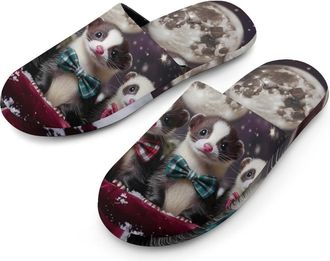 Generic Ferret Chrismtas Night Mens Cozy House Slippers Winter Warm Shoes with Anti-Slip Sole for Travel Indoor Outdoor