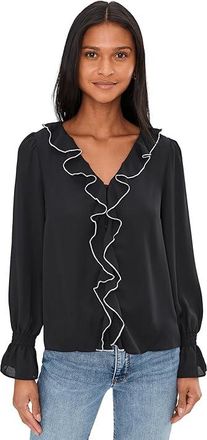 CeCe by Cynthia Steffe Contrast Ruffle Trim Long Sleeve V-Neck Top Womens Clothing Rich Black : MD, Polyester