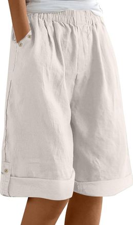 Generic Womens Linen Bermuda Shorts Long Wide Leg Casual Short Trousers Elasticated High Waist Summer Solid Shorts Knee Length Comfy Cotton Linen Pants Ladies
