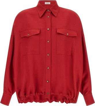Brunello Cucinelli Viscose en Linnen Vloeibare Twill Blouse - Dames - Overhemden - Rood - M - Linnen - Overhemden