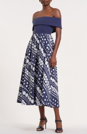 Isaac Mizrahi New York Off the Shoulder Midi Dress in Dot Navy at Nordstrom, Size X-Small
