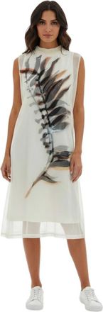 Sportmax White Abstract Mock Collar Midi Dress