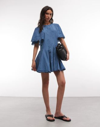 AllSaints Corla - Vestito corto accollato a maniche corte in pizzo blu con volant