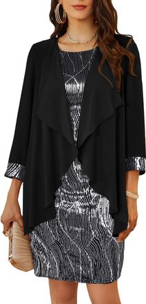 Grace Karin Ladies Retro Round Neck Spaghetti Dress + Blouse Two-Piece Set Birthday Formal Occasion Dress Black 26 XXL