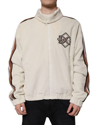 Dolce & Gabbana Beige Logo Applique Cotton Corduroy Full Zip Mens Jacket