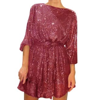 Generic Sequin Dresses for Women UK Long Sleeve Glitter Party Sparkle Loose Fit Shift Mini Short with Belt Plus Size Slim Tunic Swing for Daily Evening Weddin